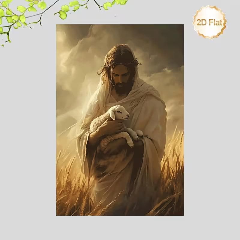Quadro Decorativo Jesus o Bom Pastor com Cordeiro no Campo