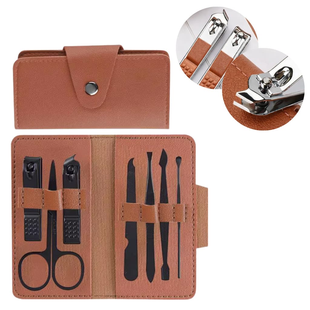 Kit 7 Peças Completo Cortador De Unha Cutícula Pinça Tesoura Lixa Manicure Com Estojo Marrom