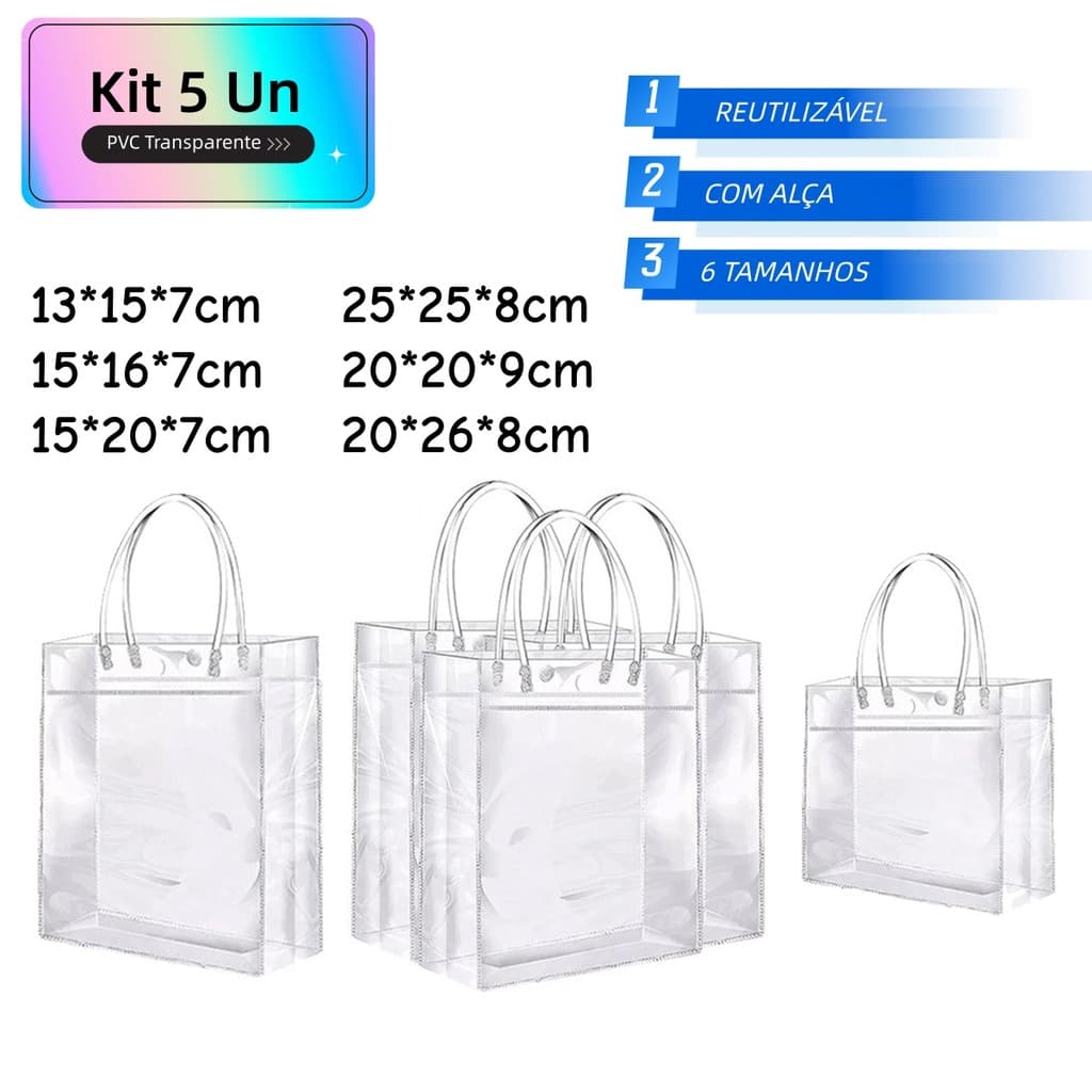 Kit 5 Sacolas de Presente PVC Transparente com Alça | Embalagem Luxo Reutilizável