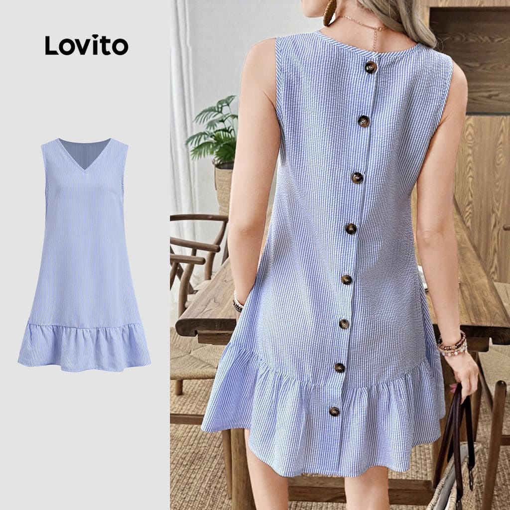 Lovito Casual Vestido botão babado bainha primavera/verão vestido azul branco para mulheres LBL32307