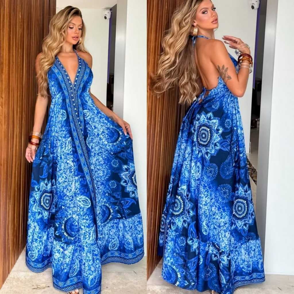 Vestido feminino INDIANO ESTAMPADO LONGO FRENTE Única e costa Nua, ELEGANTE