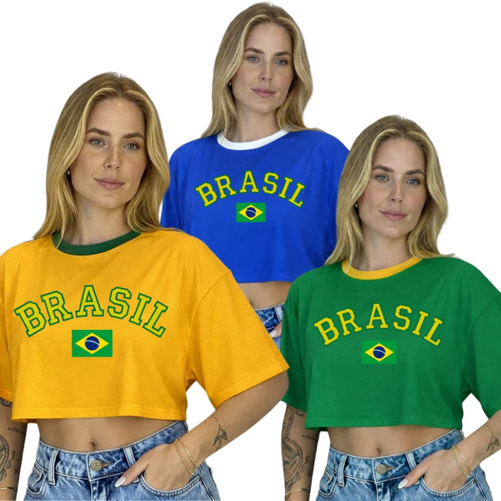 Kit 3 Cropped Oversized Brasil Bandeira Feminino Copa do Mundo Estampa Bandeira 100% Algodão
