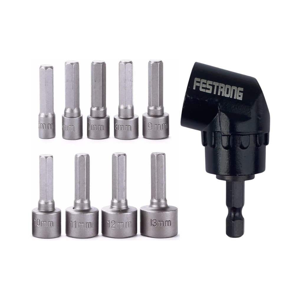 Kit Adaptador de Ângulo 1/4" 56mm Extensor + Jogo de Soquetes Sextavado 5-6-7-8-9-10-11-12-13mm