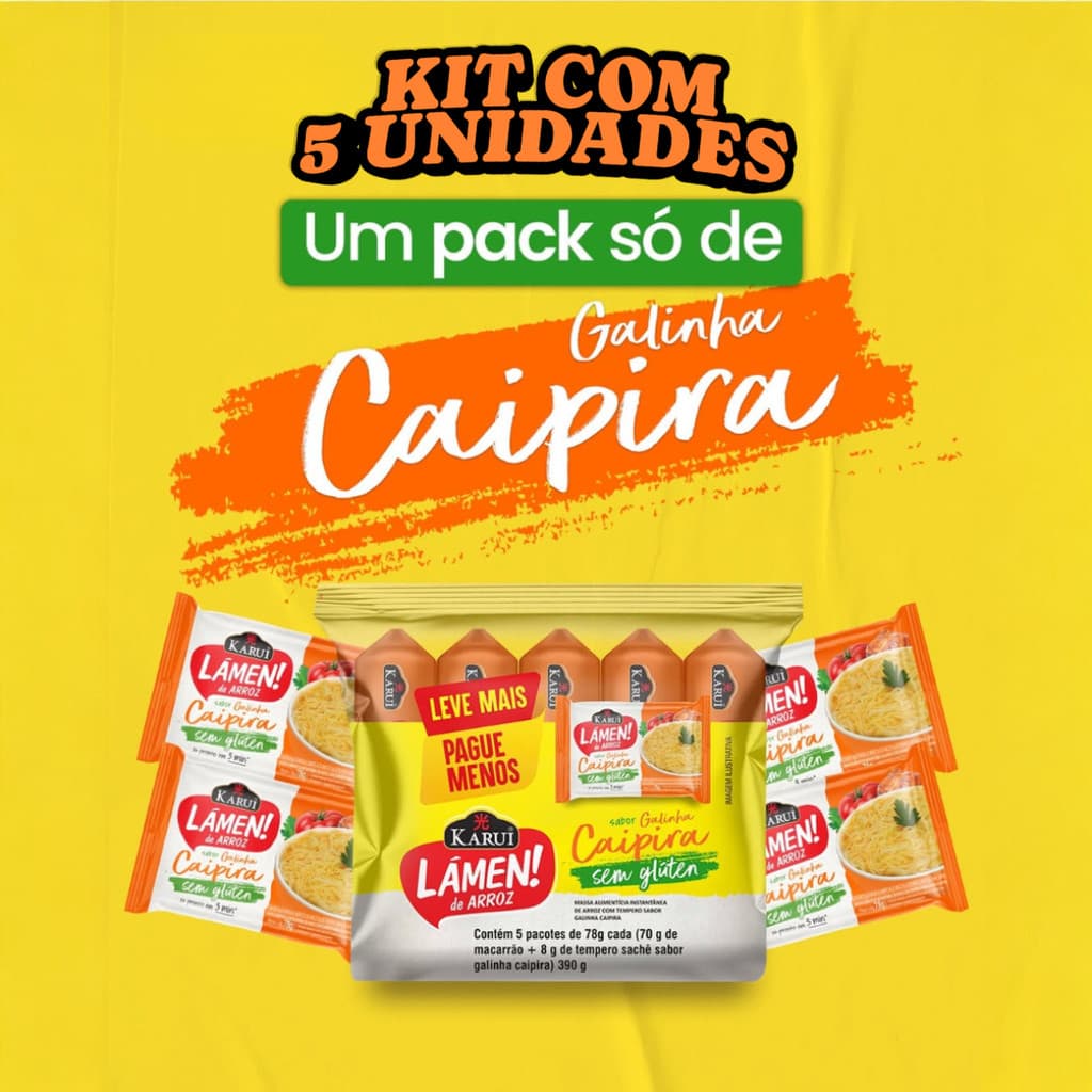 Kit Pack 5 Lámen de Arroz Karui  Galinha Caipira - Sem Glúten - Sem Lactose - Saudável Para Celíacos