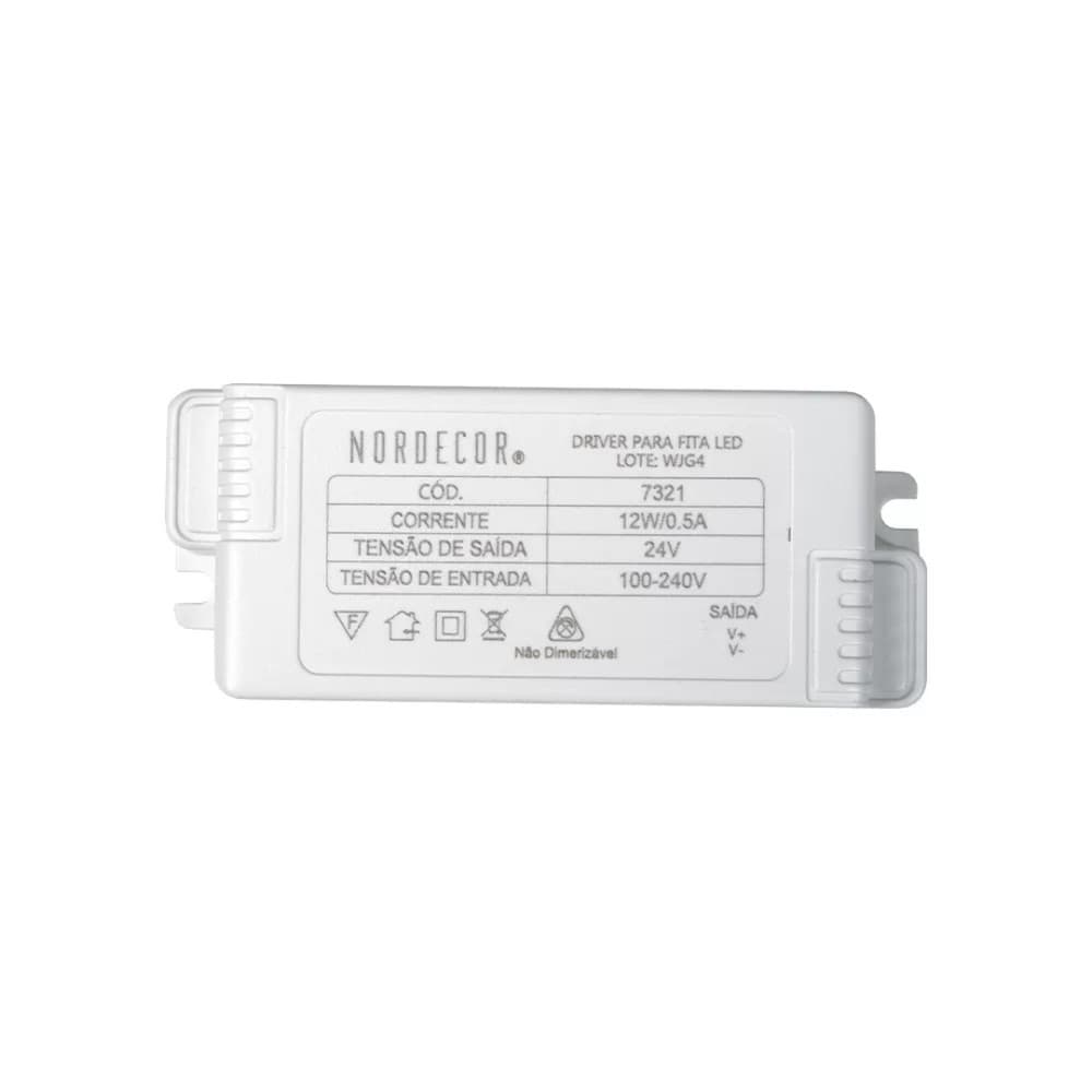 Fonte Driver 24V Mini Slim p/ Fita LED 12W/0,5A Bivolt Plástico - Nordecor 7321