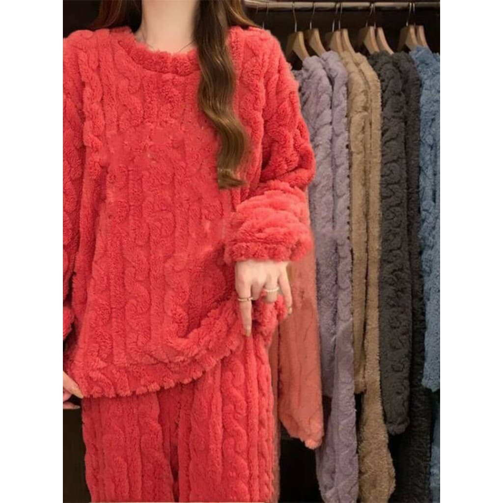 Uma peça/Set pijamas feminino inverno Coral velo plus size feminino Jacquard calças quentes soltas plus size mais velo H