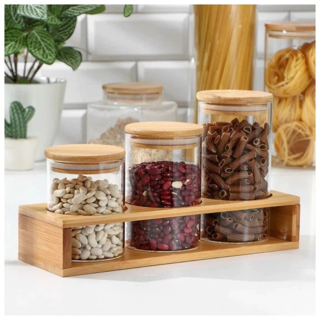 Pote de Vidro Tampa Bambu Porta Mantimentos Transparente Alimentos Grãos Arroz Feijão Açúcar Café