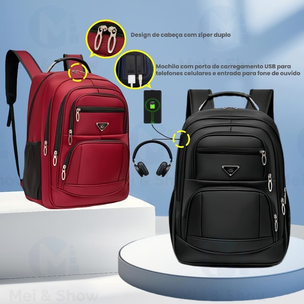 Mochila Masculina e Feminina Grande Capacidade com USB e Porta para Fone de Ouvido