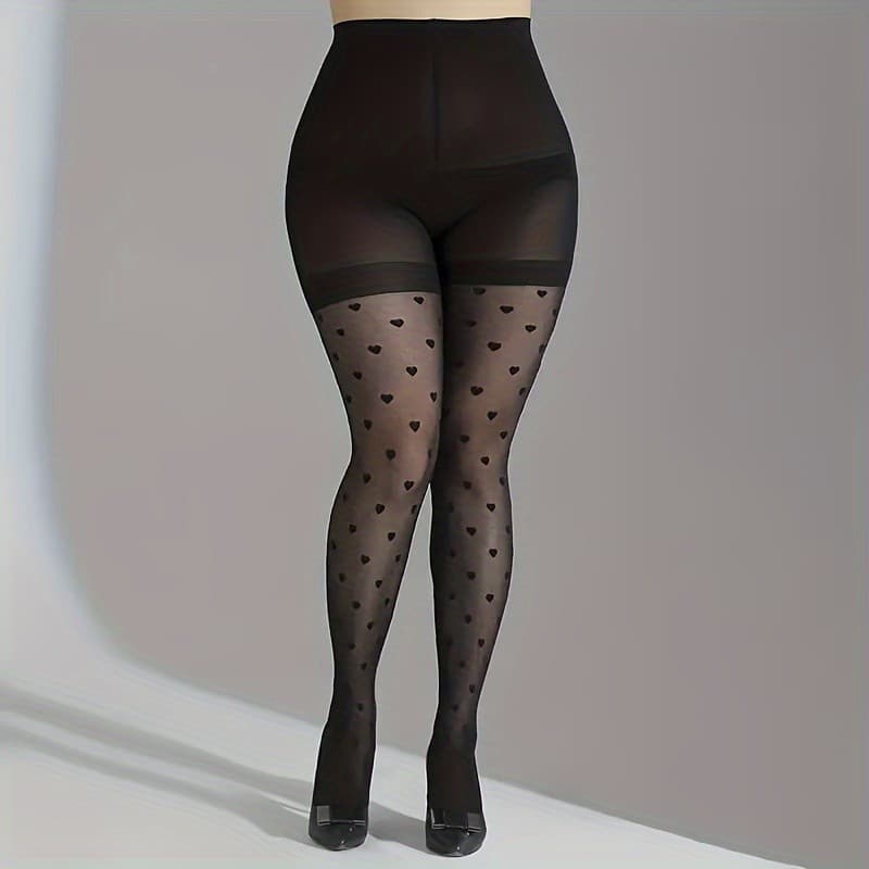 1 Par de Meias-Calças Transparentes de Cintura Alta com Padrão de Coração Preto para Mulheres Plus Size, Mistura de Poli