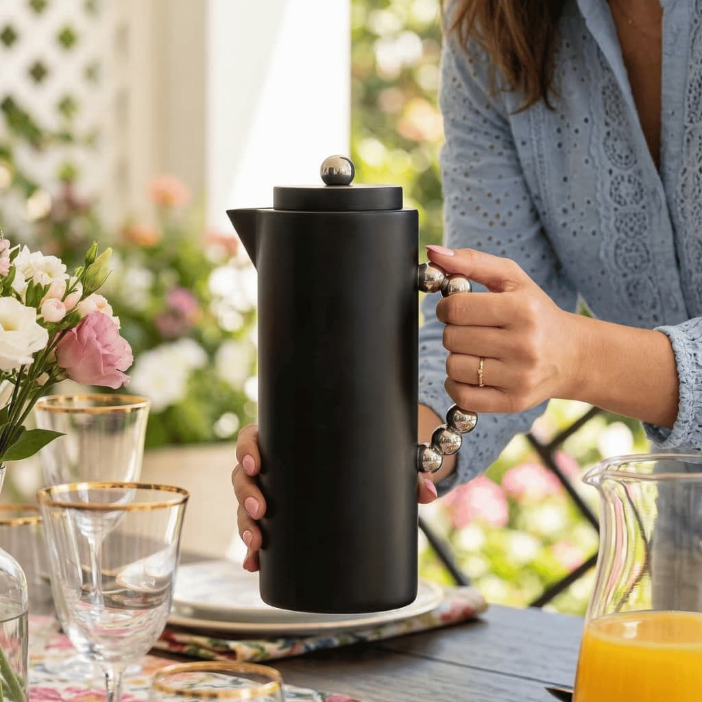 Garrafa Térmica 1L Preta Alça Bolinhas Esferas Prata Garrafa Café Chá Servir Mesa Posta Elegante