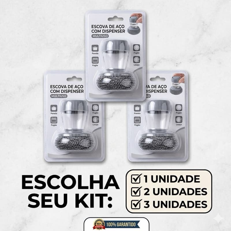 Escova de Aço Com Dispenser Detergente Esponja Limpa Panela Fogão Multiuso - Kit 1, 2 ou 3 Unidades