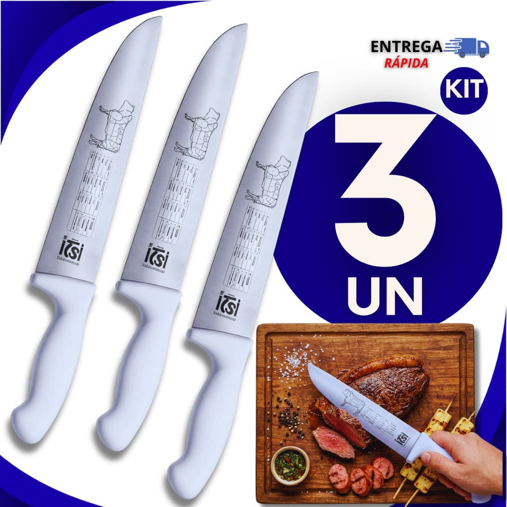 Jogo 03 Facas Carne Chef Aço Cabo Branco 8" Profissional Churrasco Entre as melhores facas de cozinha Premium Utilidades