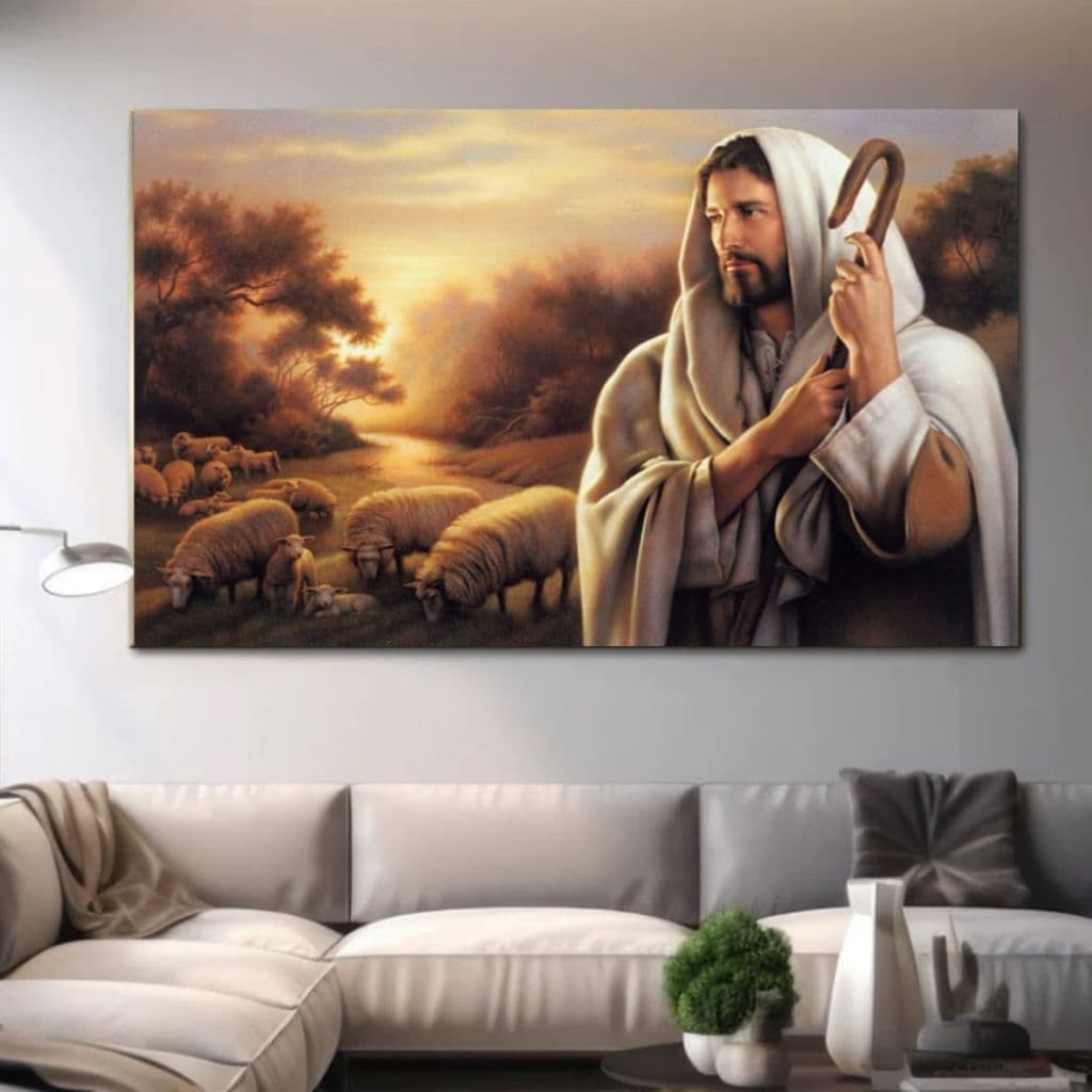Quadro decorativo GRANDE 4K Jesus Cristo nosso salvador e bom pastor cuidando do seu rebanho