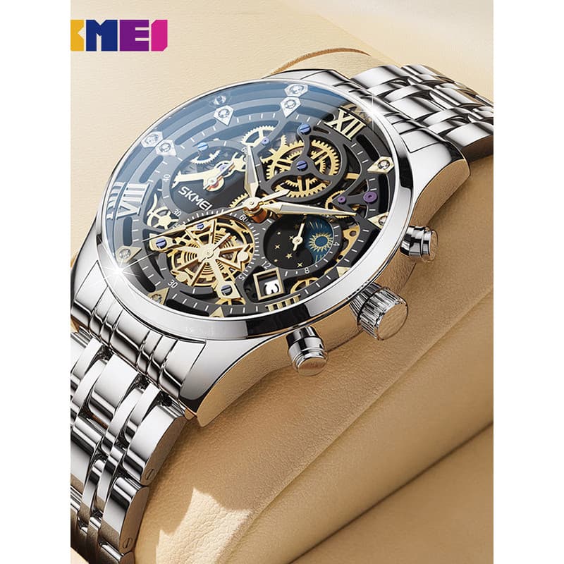 Moment Beauty skmei Relógio de negócios masculino gravado oco estilo mecânico couro genuíno pulseira de aço relógio de p