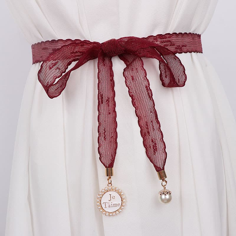 Coreano doce pérola cinto de renda fino vestido decorativo feminino corrente de cintura preto borla atada cintura corda