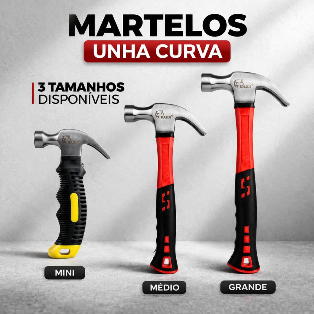 Martelo Carpinteiro Unha Curva Profissional Aço Carbono Cabo Fibra Emborrachado Pequeno Médio Grande