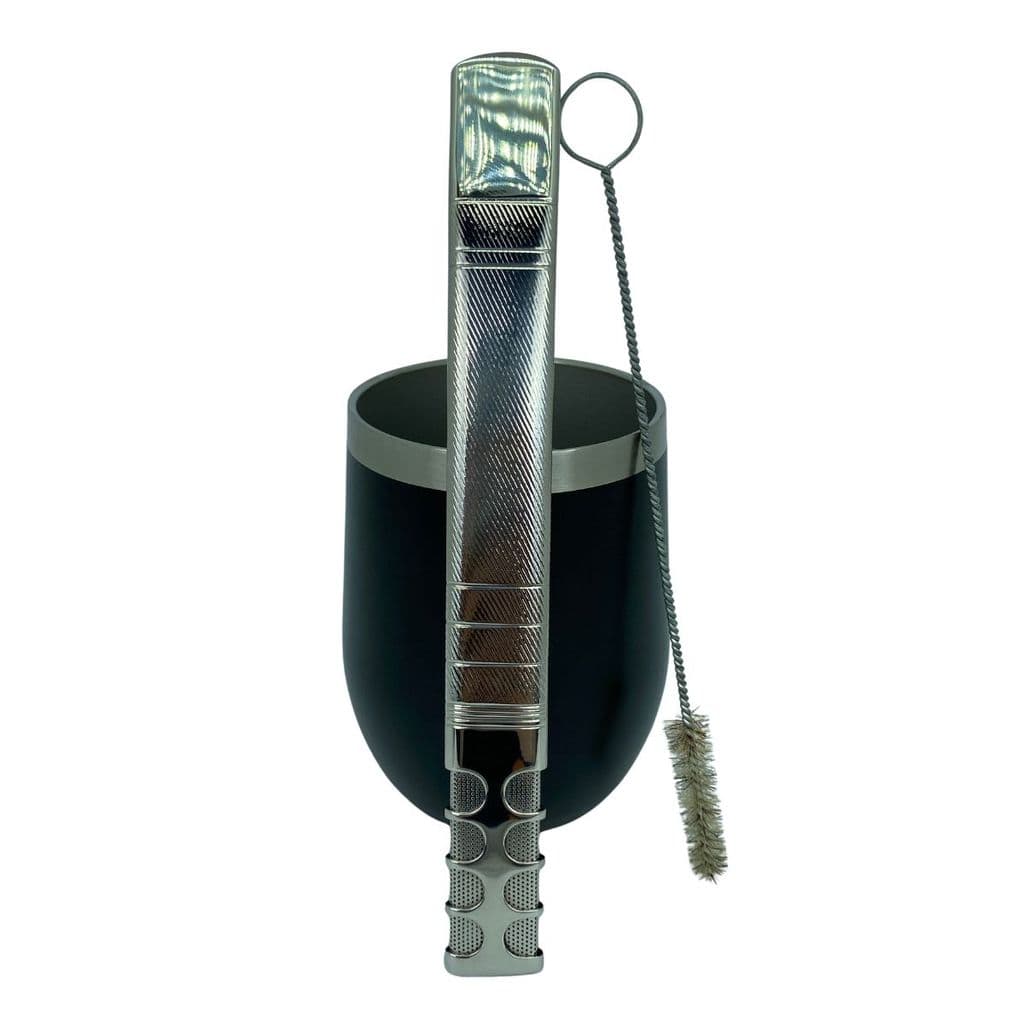 Kit tereré copo cuia térmico 350ml parede dupla inox preto + bomba tela recartilhado lateral 20cm + escova higiênica
