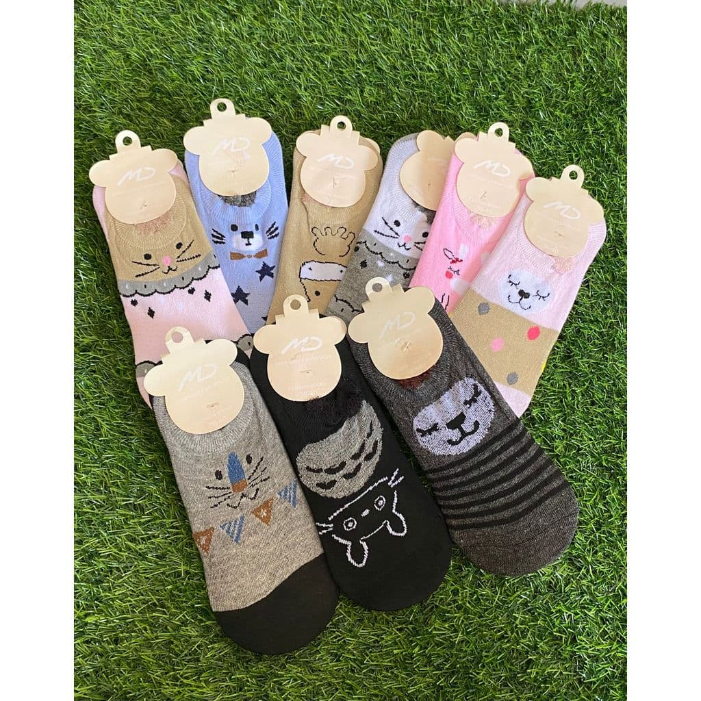 Pares Meias Feminina Invisível Estampada Bichinho Algodão Gatinho Sapatilha Conforto