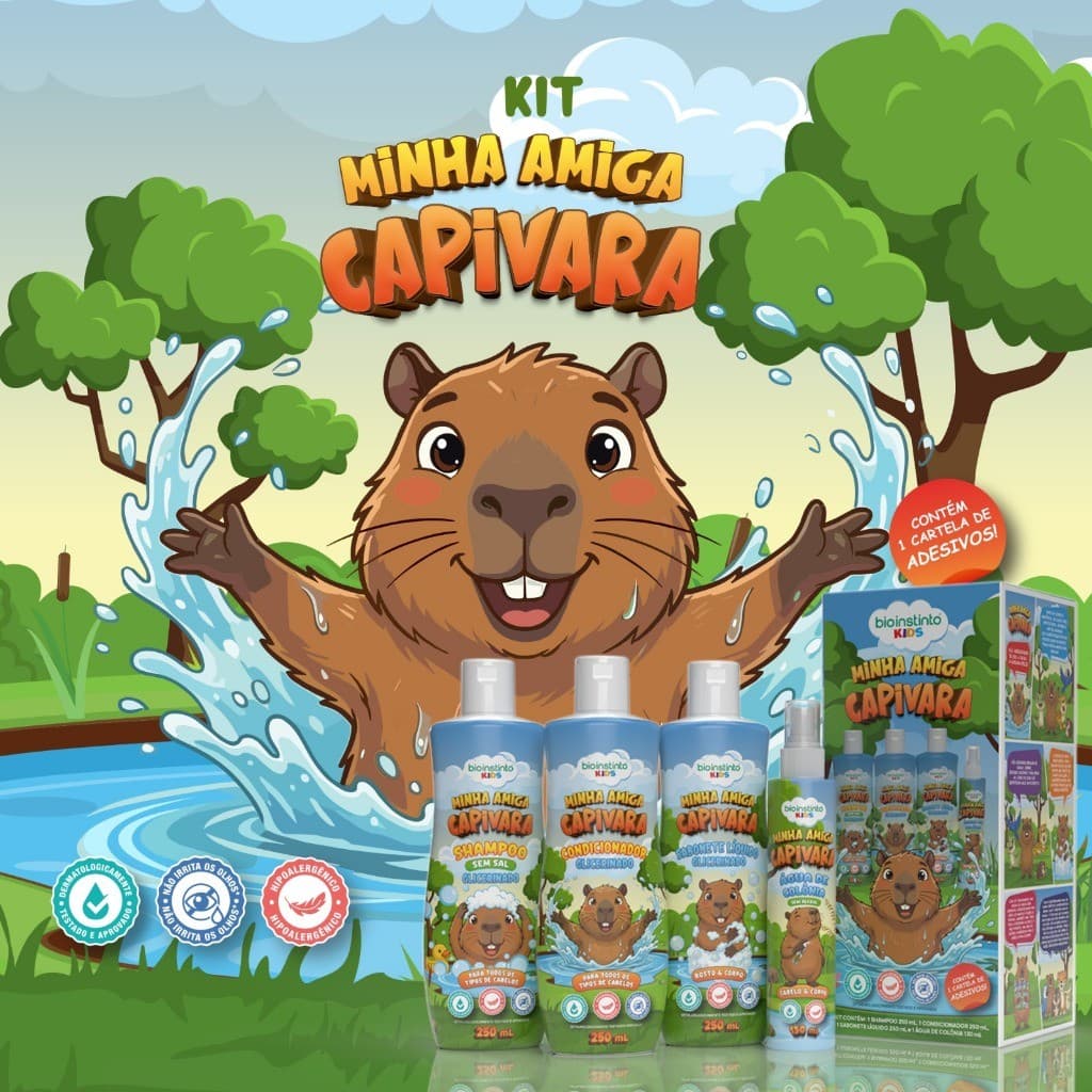 KIT Capilar Infantil Minha Amiga Capivara - 4 Itens Bio Instinto Cabelo e Corpo Acompanha Adesivos