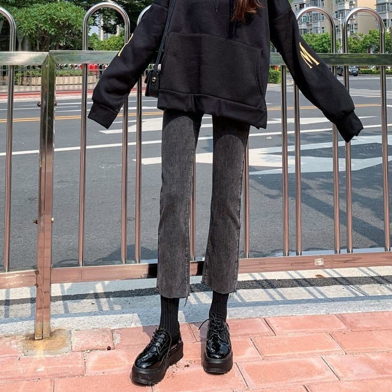 Calças de brim de cintura alta femininas primavera novo estilo versão coreana mais magro olhar estudante calças retas to