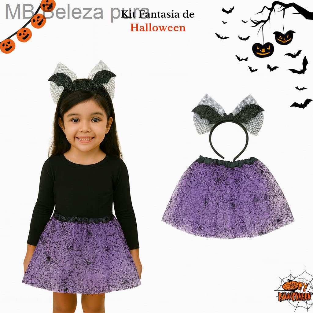 (V)Fantasia Infantil Halloween Saia Roxa com Tiara de Morcego 🕸️VGV2