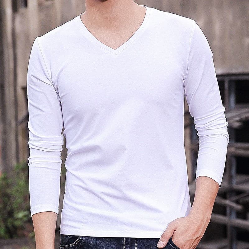 Camiseta masculina de manga comprida com decote em V camiseta branca roupa íntima camisa de fundo superior roupas de cor