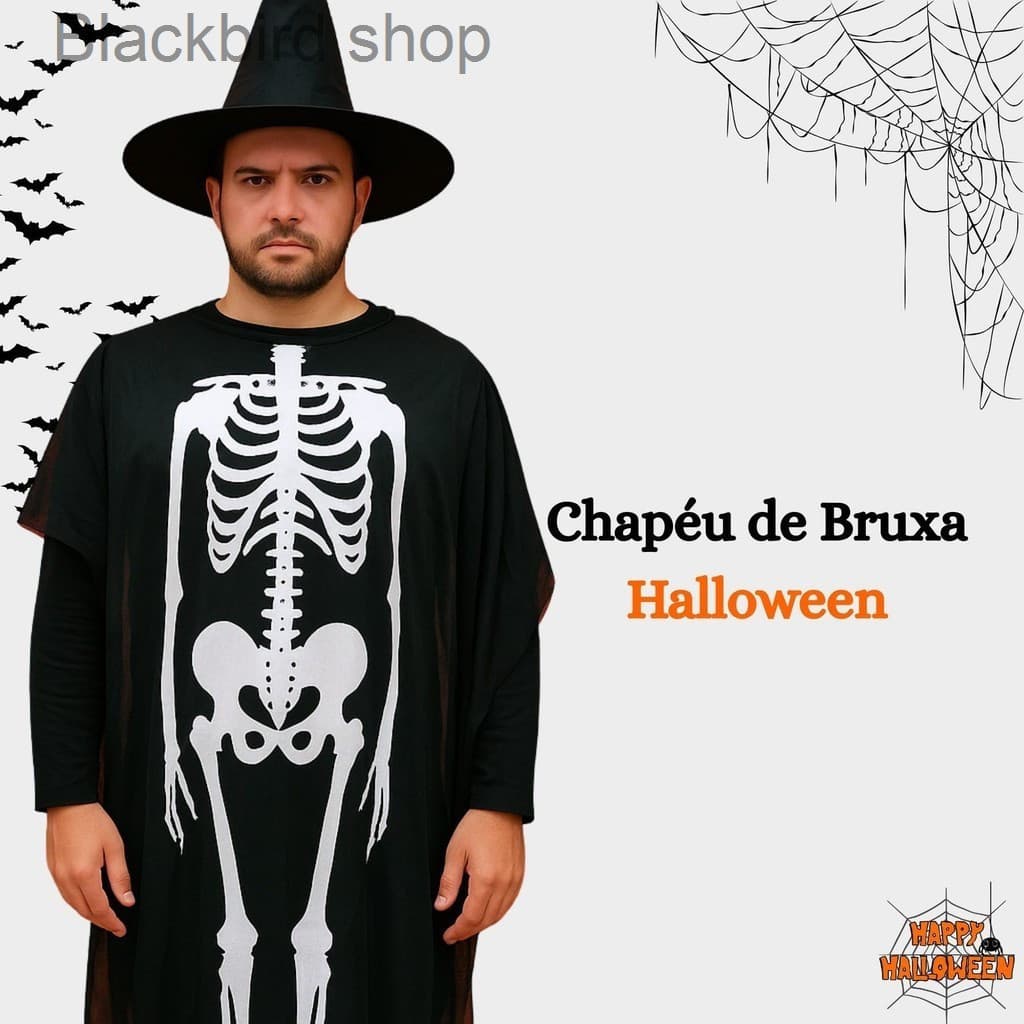 (V)Fantasia Halloween Adulto – Fantasma Esqueleto Preta 💀🎃SYX9
