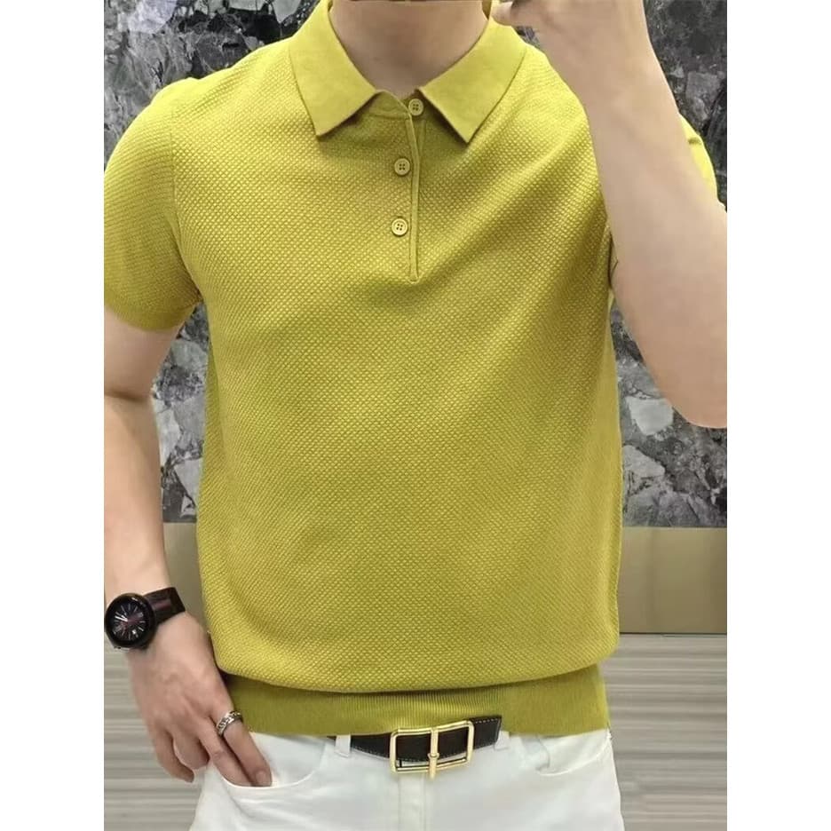 Estação Europeia Waffle Camisa polo De Malha Masculina De Algodão Mercerizado Seda Gelo Slim-fit Moletom De Manga Curta