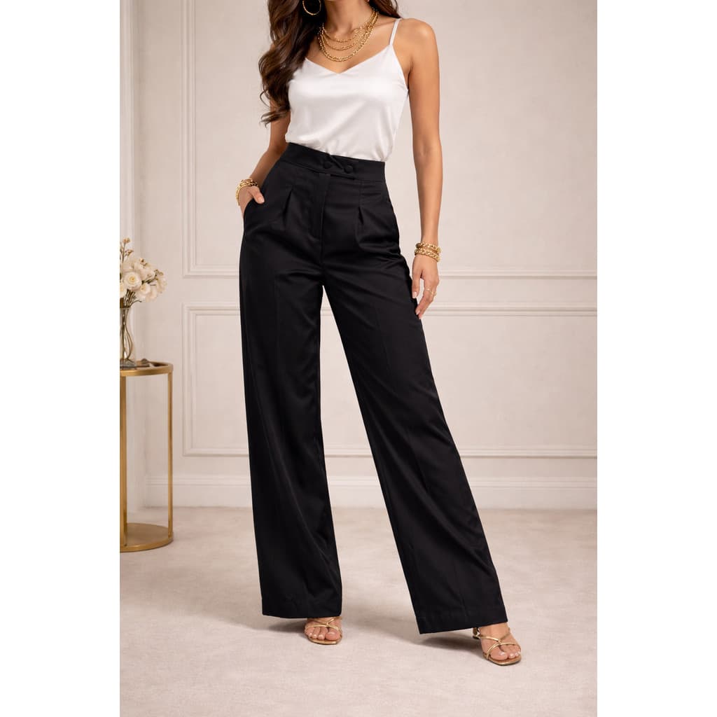 Calça Pantalona Alfaitaria Dois Botões Alfaitaria Cintura Alta