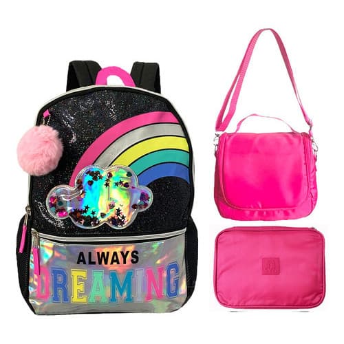 Mochila Escolar Meninas Dreaming Resistente + Estojo E Lancheira Arco Iris