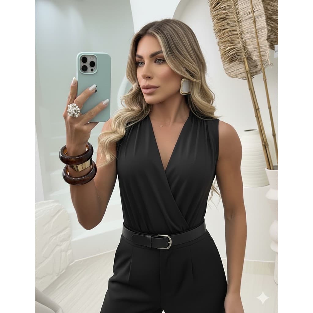 body feminino drapeado transpassado estica manga cavada top