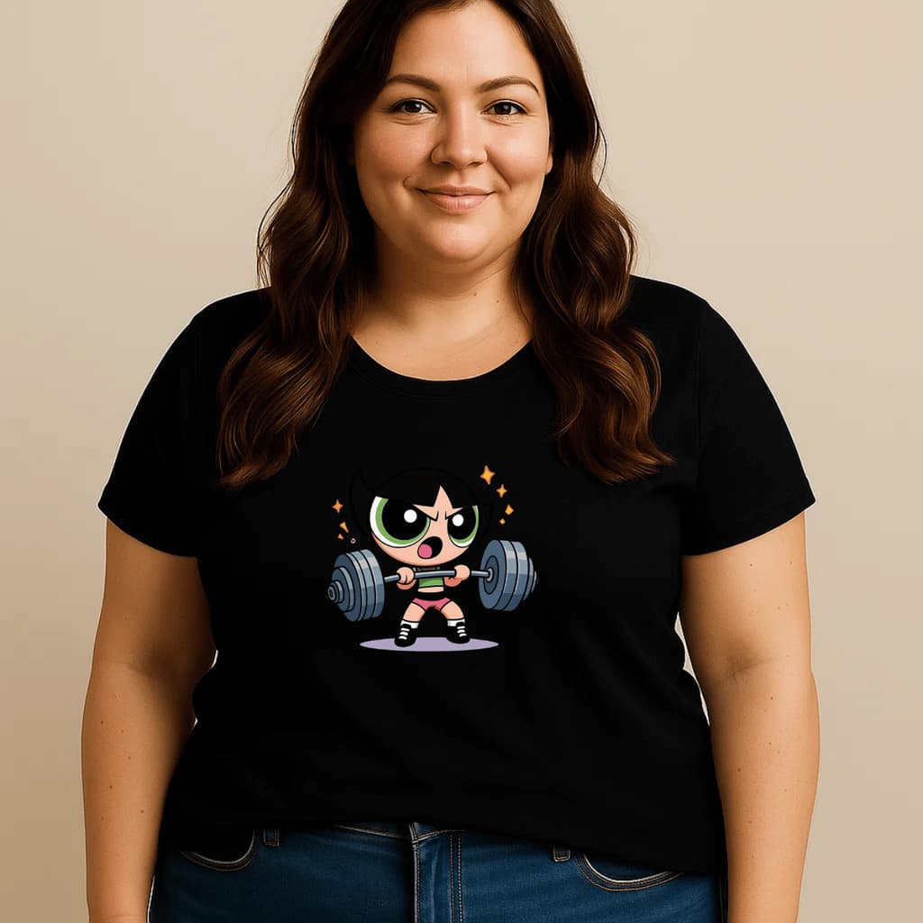Camiseta Plus Size Feminina Estampada Docinho Super Poderosas Academia 100% Algodão Camisa 01