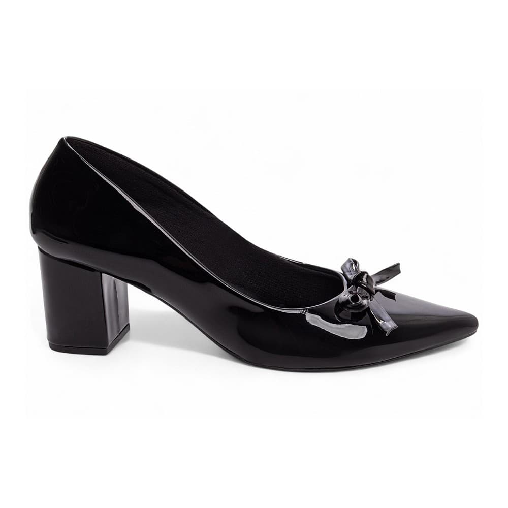 Sapato Scarpin Salto Médio Bloco Bico Fino Verniz Preto