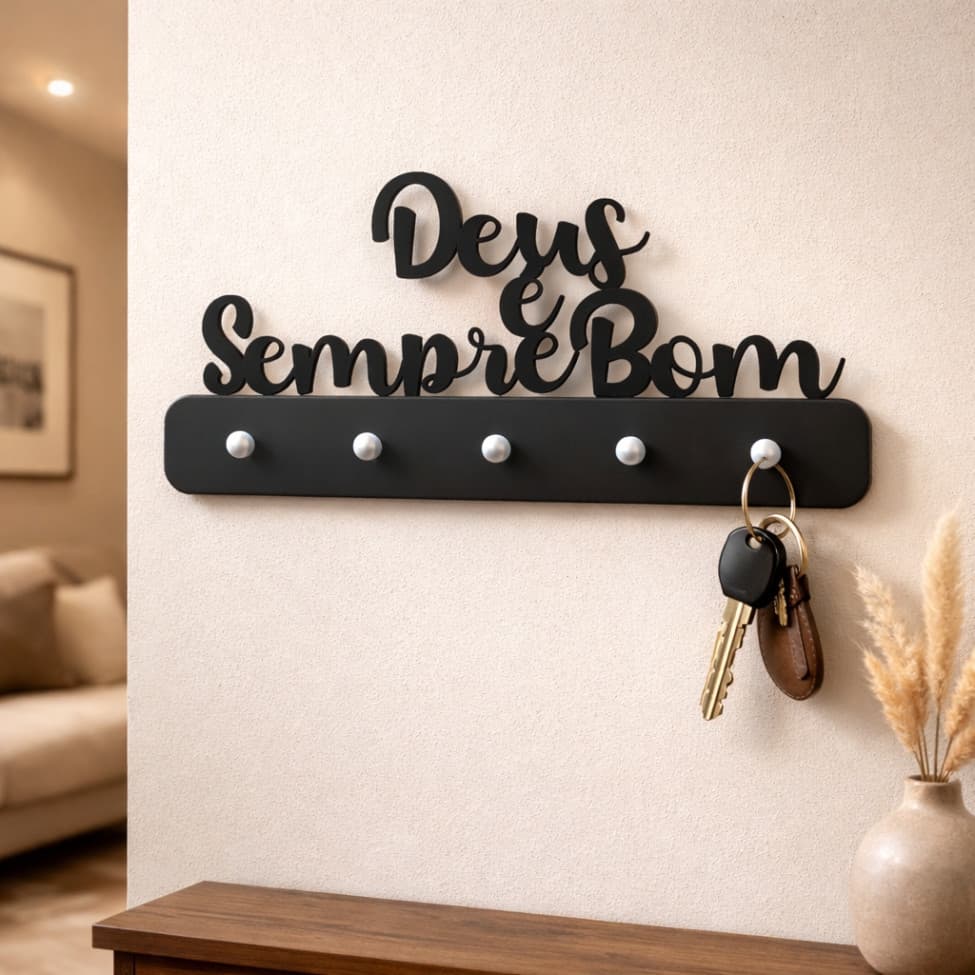 Porta-Chaves de Parede Frase Deus é Sempre Bom – Decorativo em MDF Preto Fosco