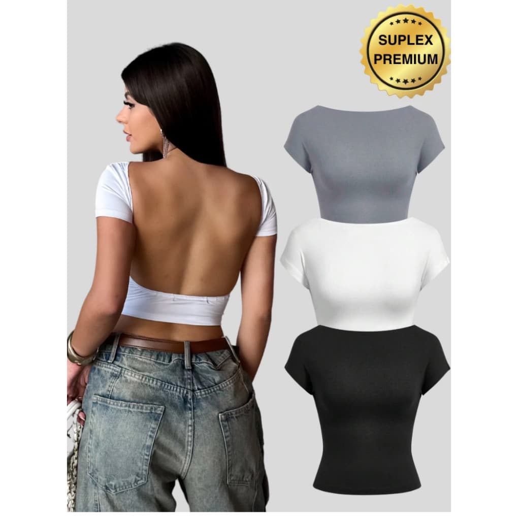 Kit 3 Cropped Feminino Blusa Costa Nua Suplex Forrado Baby Tee Básico Casual - Modelo 2026