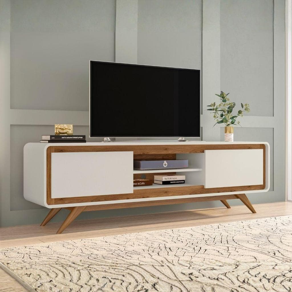 Rack De Sala Para TV Retrô Off White E Madeira 1,80