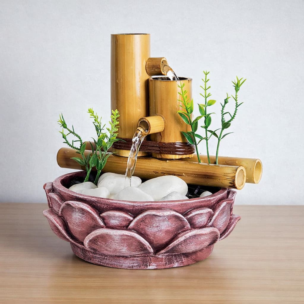 Fonte Cascata Água Flor Lotus Rosa 2 Quedas Bambu Decoração