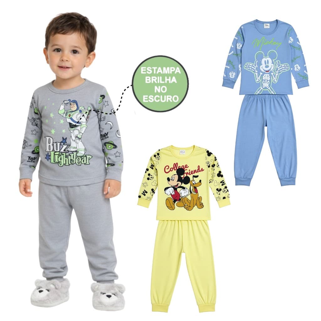 Conjunto Pijama Brilha no Escuro Personagens Manga Longa Menino Infantil Mickey Stitch Inverno