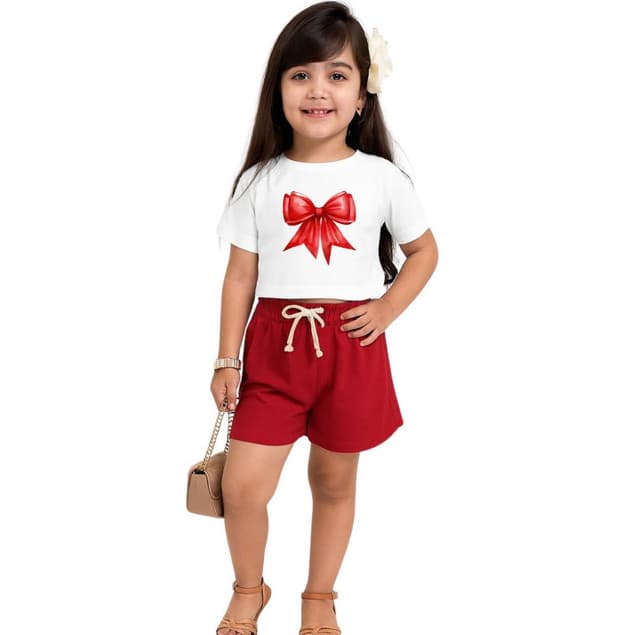 Conjunto Infantil Natal Menina Blogueirinha Festa Cropped e Short Vermelho