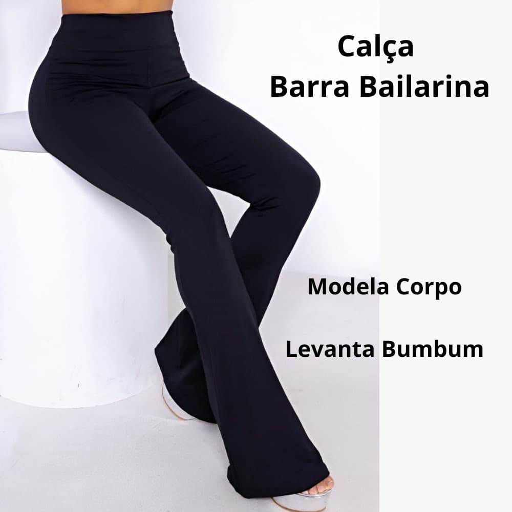 Calça Boca de Sino Bailarina Flare Modela Bumbum Cintura Alta P ao GG Suplex Preta ou Cinza