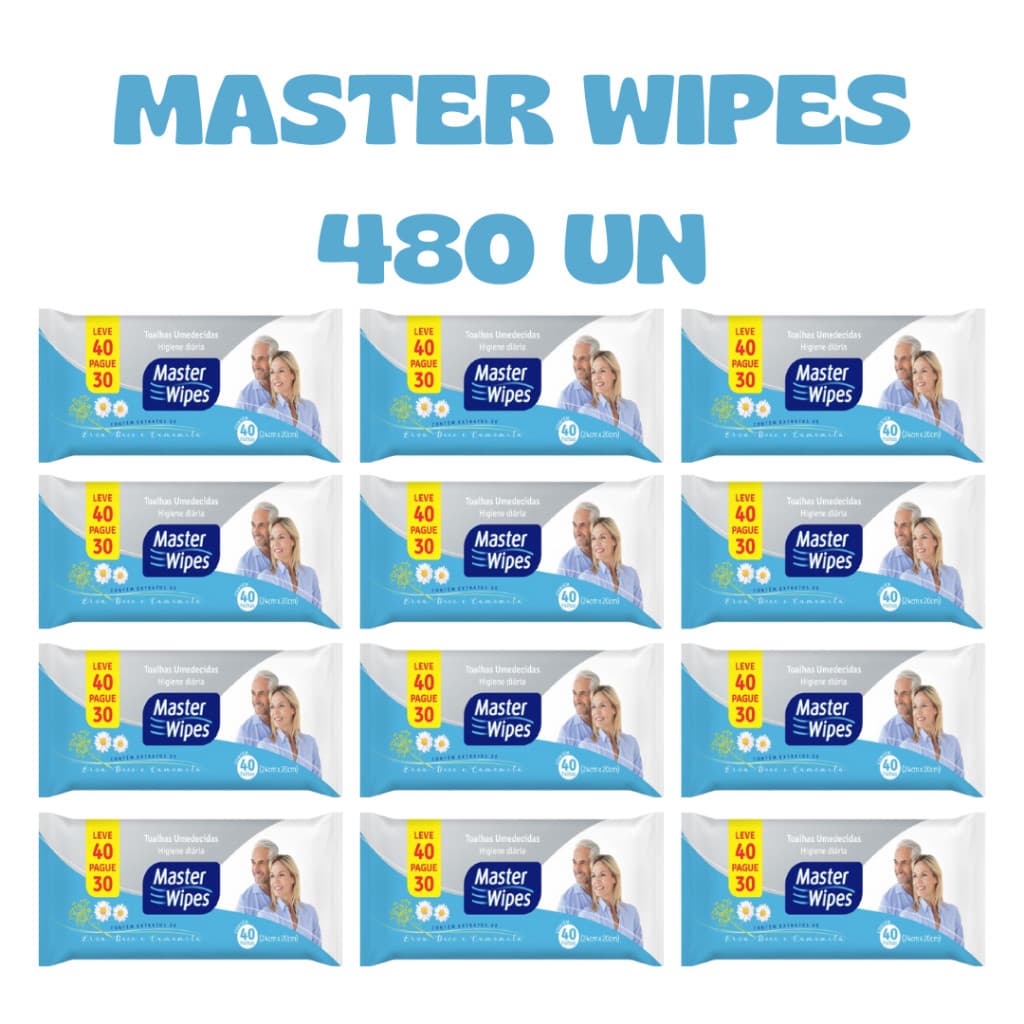 Kit com 12 lenço umedecida adulto Master Wipes c/ 480 unid (leve 480 pague 360).
