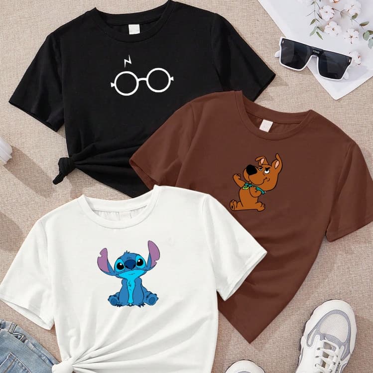camiseta feminina de algodão kit com 3 Oculos harry baby scoob lilo stitch marrom preta Off white