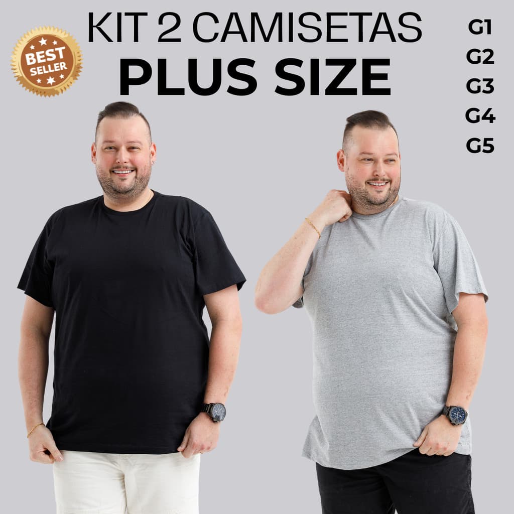 KIT 2 (Lote duas) Camiseta Plus Size Masculina 100% Algodão 30.1 Lisa Básica Grande G1 G2 G3 G4 G5