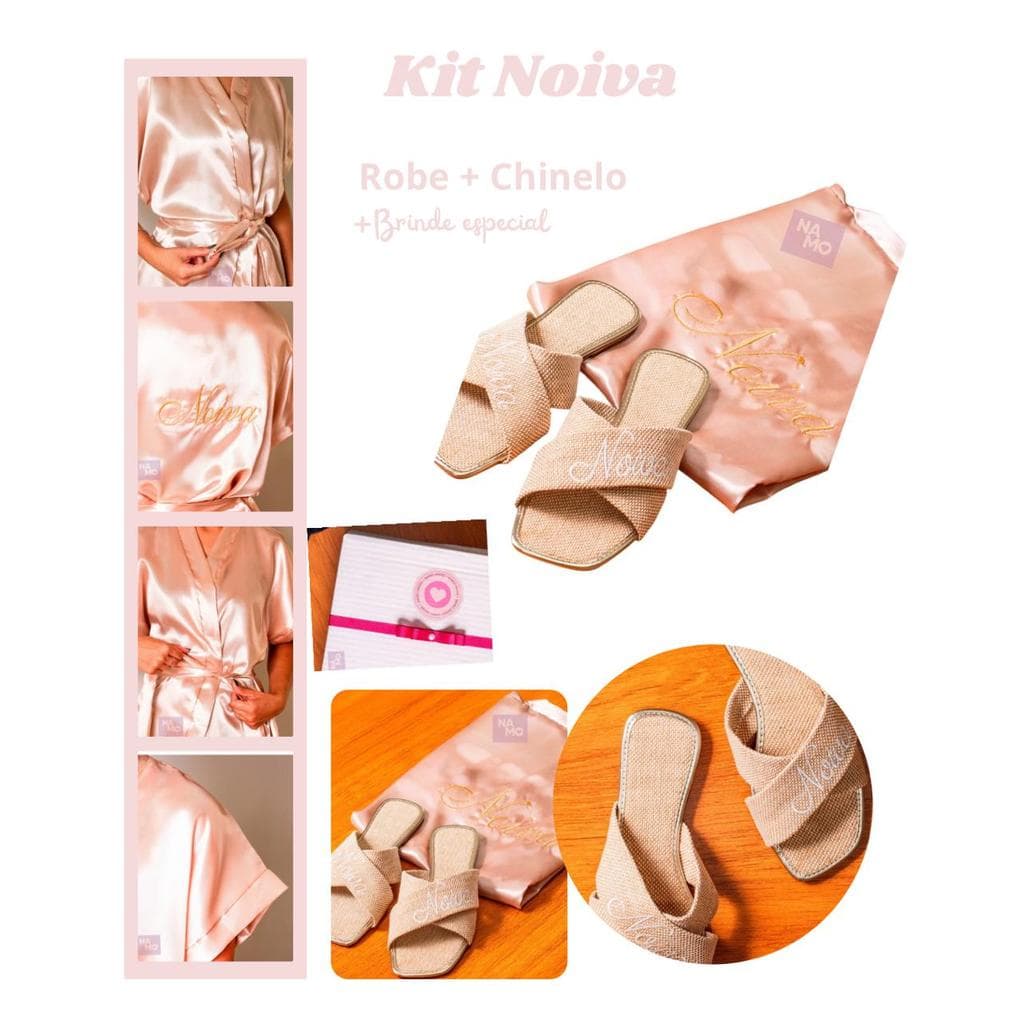 Kit Premium Noiva Robe Cetim Champanhe Bordado Dourado + Chinelo Trama com Vira Ouro — Sacola Brinde