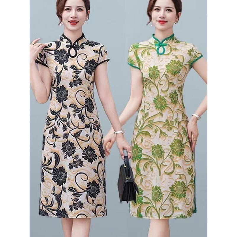 Vestido Cheongsam de manga curta para mãe, verão, retrô, diário, exterior, estilo de comprimento médio, elegante, Slim-