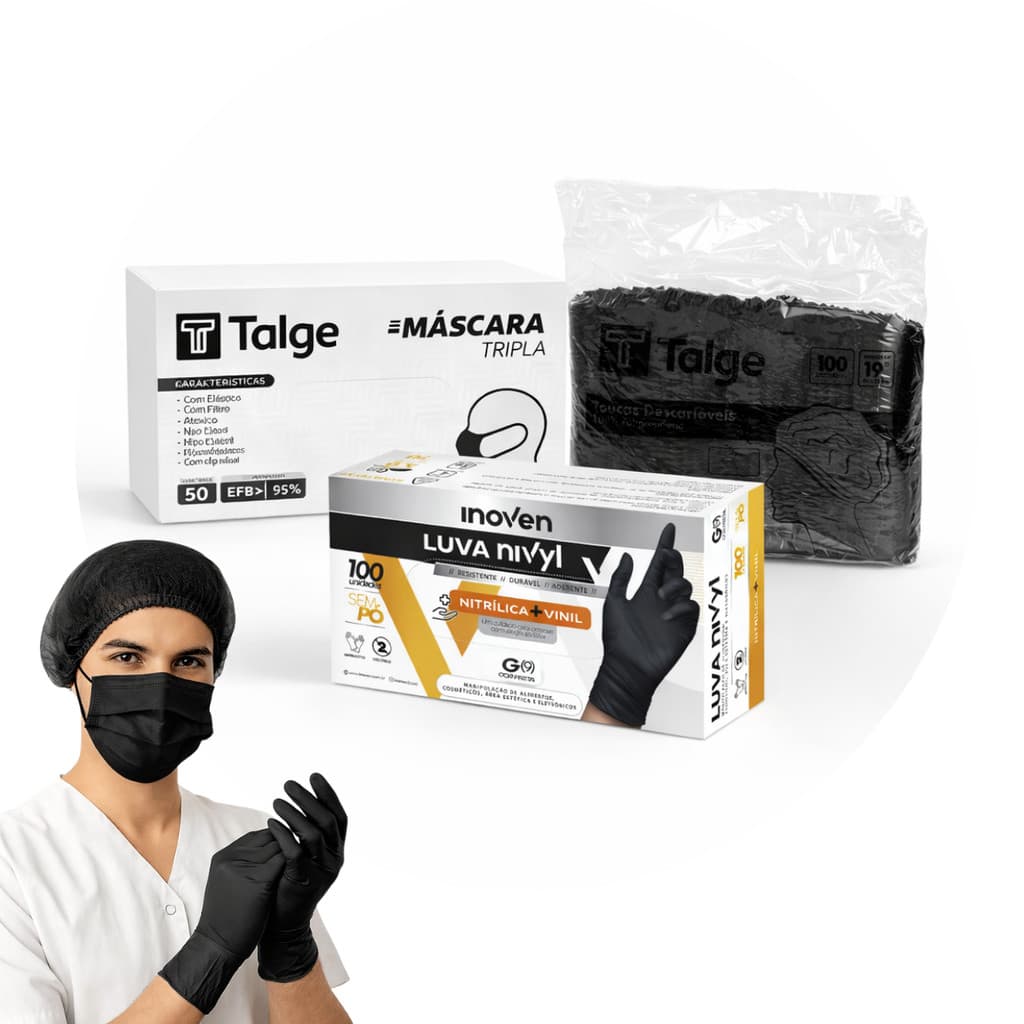 kit Luva Vinil/Nitrílica  + Touca Sanfonada + Mascara ( preto)