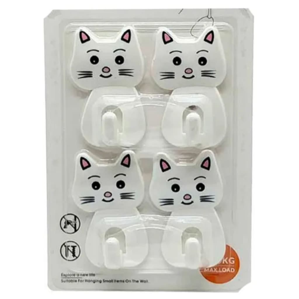 Kit 4 Ganchos Adesivo Parede Plástico Gatinho - Peso Máximo 1kg
