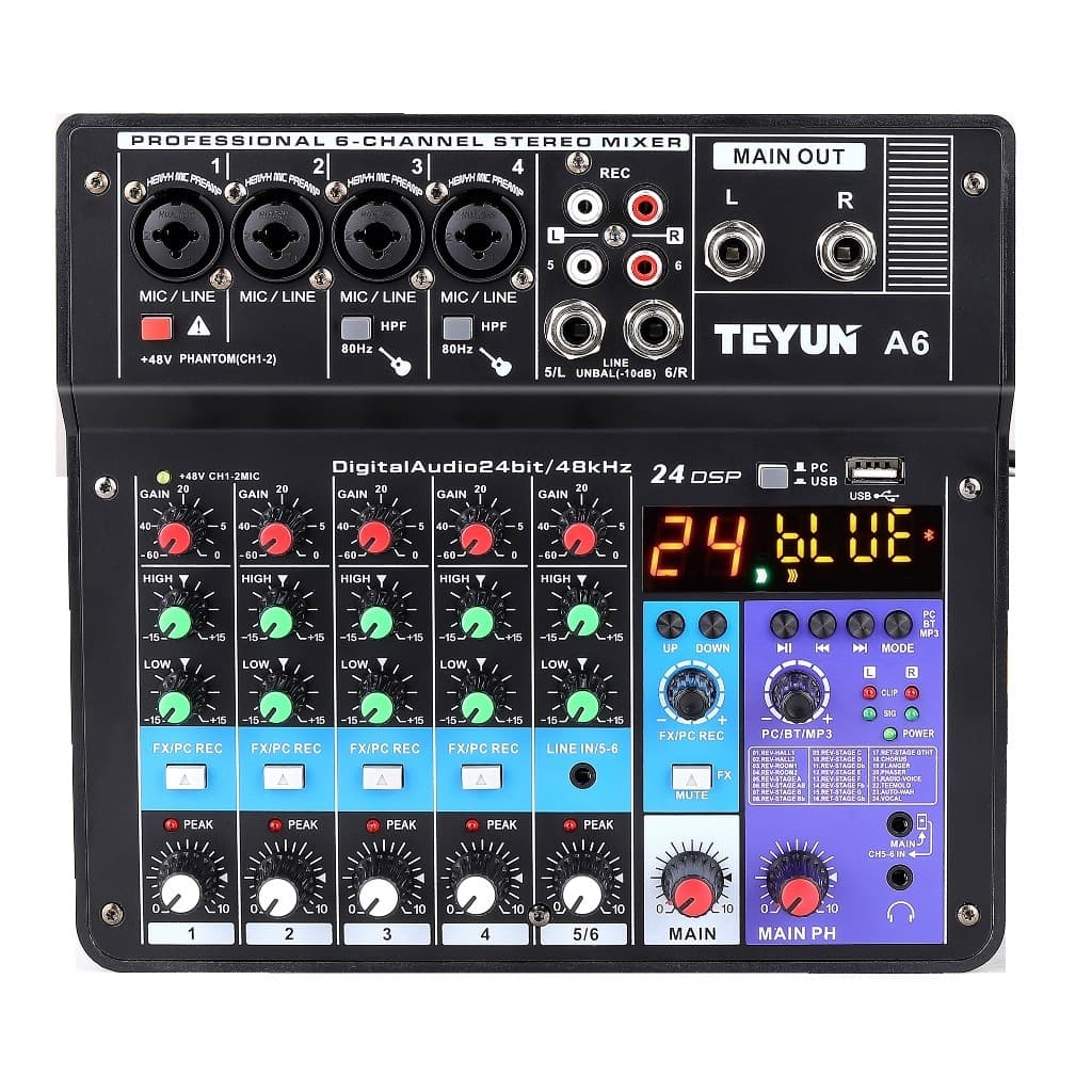 TEYUN Mesa De Som Mixer A6 6 Canais Com 24dsp Bluetooth Mixer De áudio Profissional Phantom entrada USB para PC Bivolt