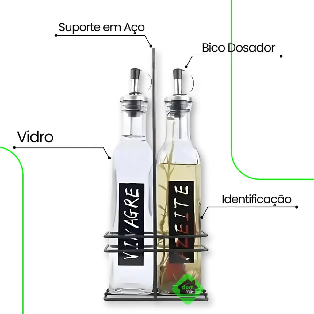 Kit Galheteiro Porta Azeite e Vinagre com Suporte Aço Inox Preto e Bico Dosador