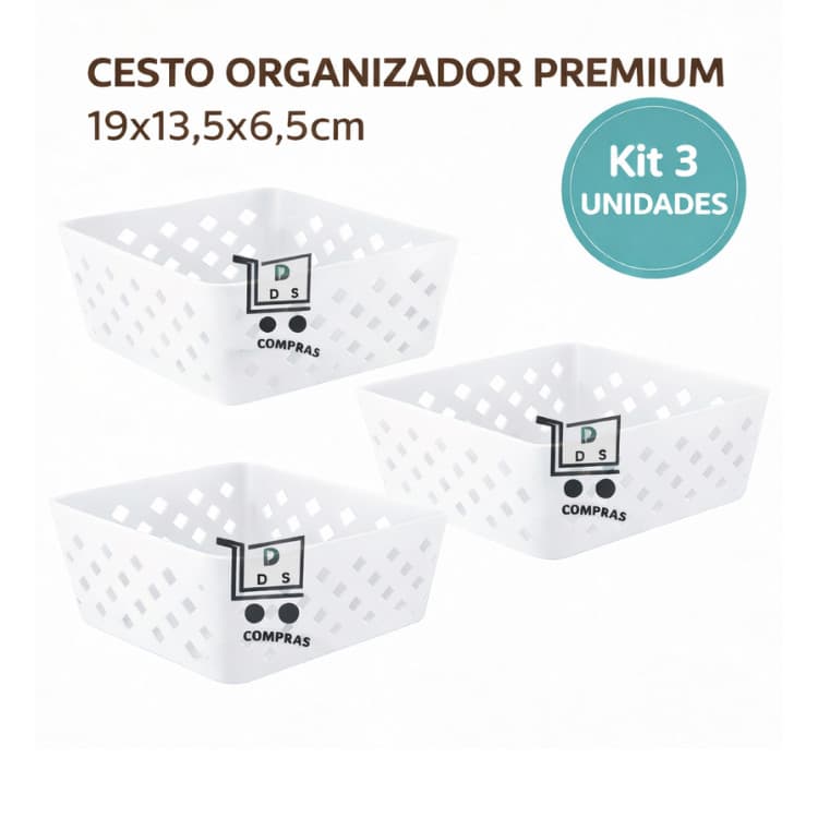 Kit 3 Cesto Organizador Multiuso Premium Branco 19x13,5x6,5 cm Armario Gaveta Geladeira Banheiro Cozinha Lavandeira